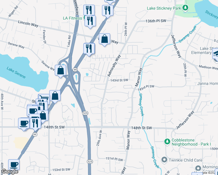 map of restaurants, bars, coffee shops, grocery stores, and more near 2805 144th Street Southwest in Lynnwood