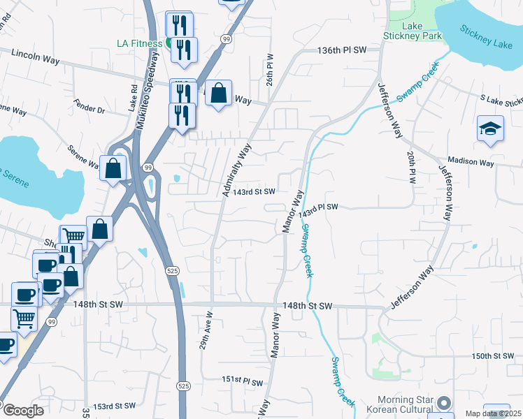 map of restaurants, bars, coffee shops, grocery stores, and more near 2632 143rd Place Southwest in Lynnwood