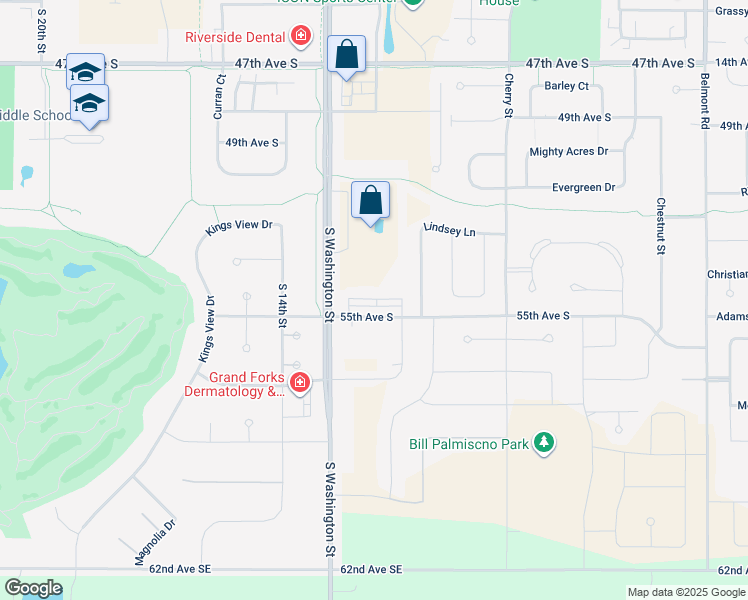 map of restaurants, bars, coffee shops, grocery stores, and more near 1220 55th Avenue South in Grand Forks