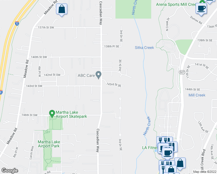 map of restaurants, bars, coffee shops, grocery stores, and more near 222 143rd Street Southeast in Everett