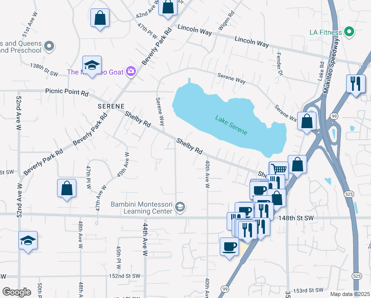map of restaurants, bars, coffee shops, grocery stores, and more near 4110 Shelby Road in Lynnwood
