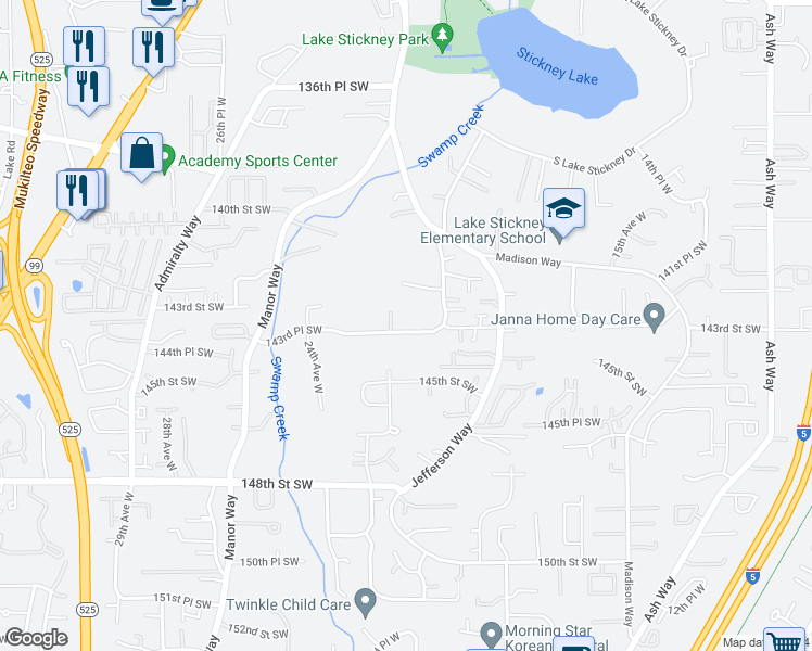 map of restaurants, bars, coffee shops, grocery stores, and more near 2103 143rd Place Southwest in Lynnwood