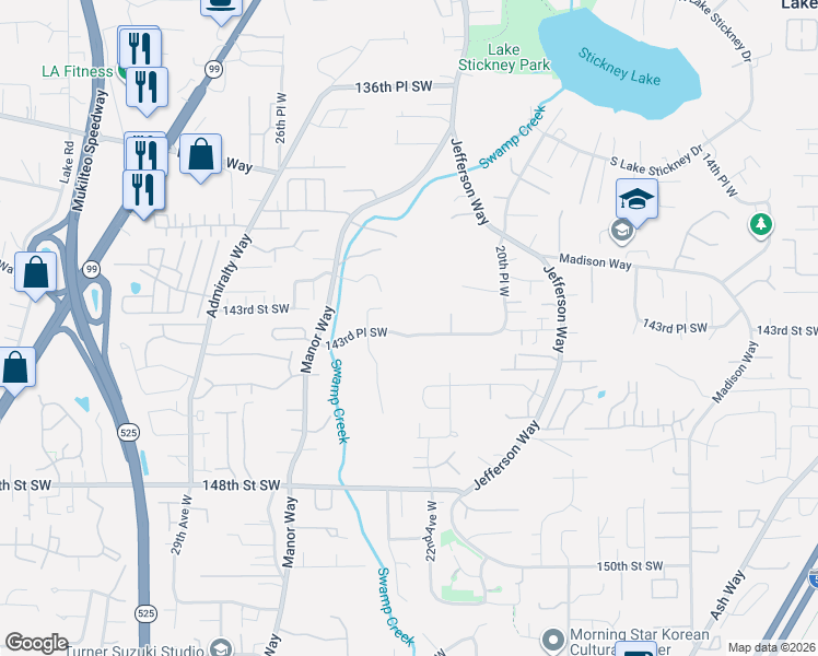 map of restaurants, bars, coffee shops, grocery stores, and more near 2229 143rd Place Southwest in Lynnwood
