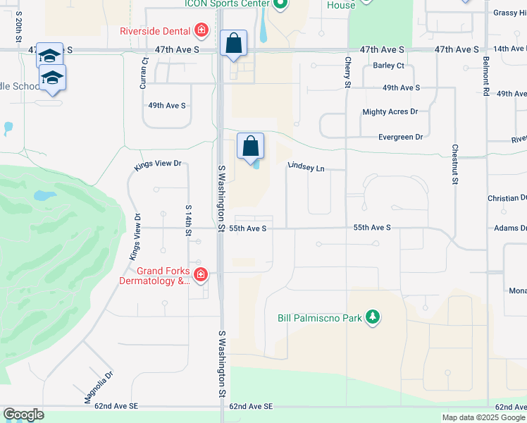 map of restaurants, bars, coffee shops, grocery stores, and more near 1220 55th Avenue South in Grand Forks