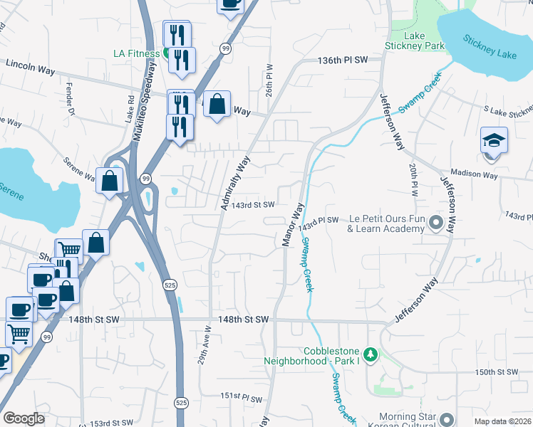 map of restaurants, bars, coffee shops, grocery stores, and more near 2632 143rd Place Southwest in Lynnwood