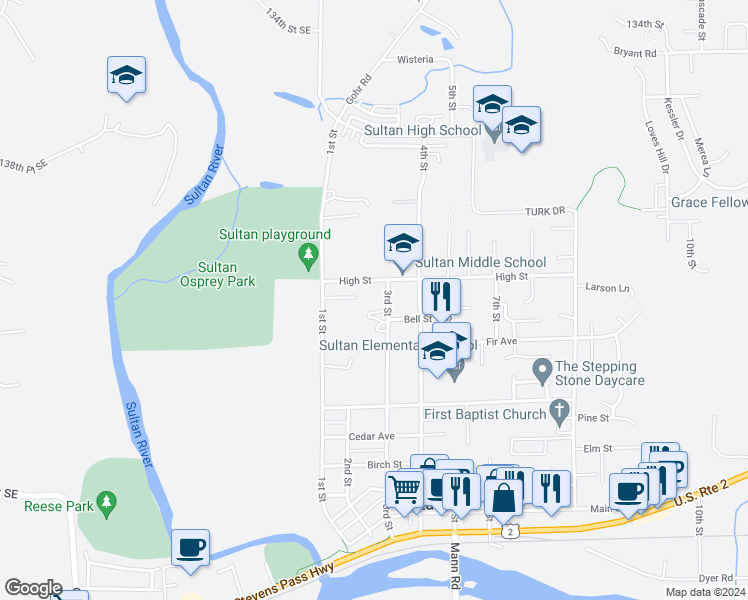 map of restaurants, bars, coffee shops, grocery stores, and more near 301 Bell Street in Sultan