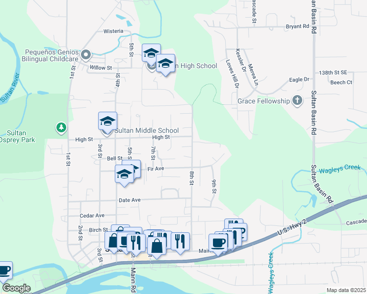 map of restaurants, bars, coffee shops, grocery stores, and more near 718 Garden Lane in Sultan