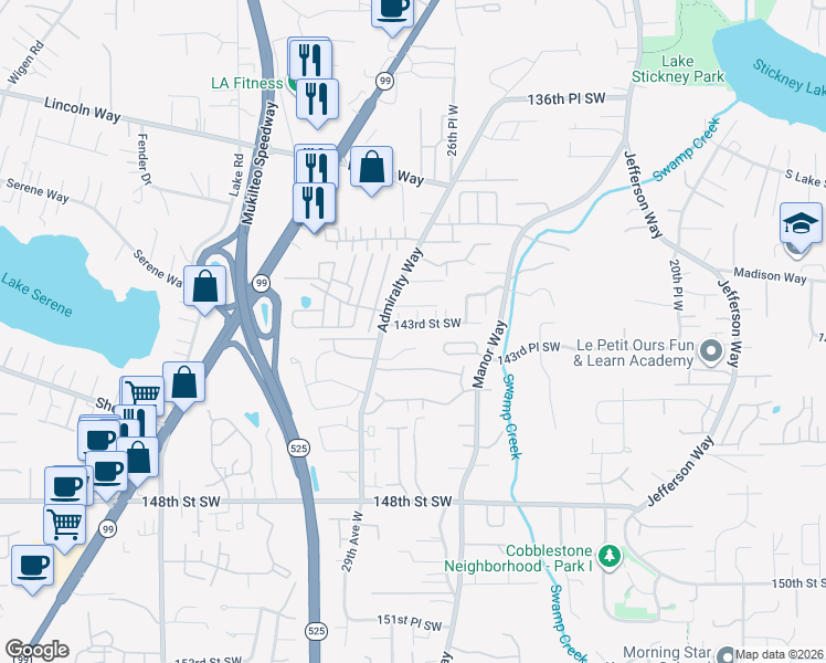 map of restaurants, bars, coffee shops, grocery stores, and more near 2732 144th Street Southwest in Lynnwood