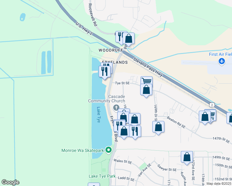 map of restaurants, bars, coffee shops, grocery stores, and more near 14224 167th Avenue Southeast in Monroe