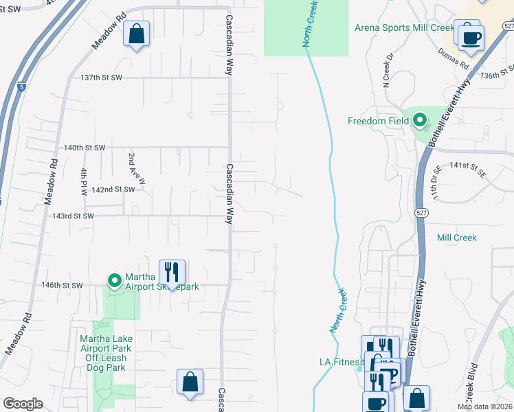 map of restaurants, bars, coffee shops, grocery stores, and more near 222 143rd Street Southeast in Everett