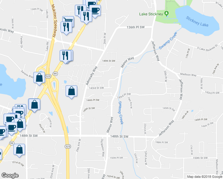 map of restaurants, bars, coffee shops, grocery stores, and more near 2526 143rd Street Southwest in Lynnwood