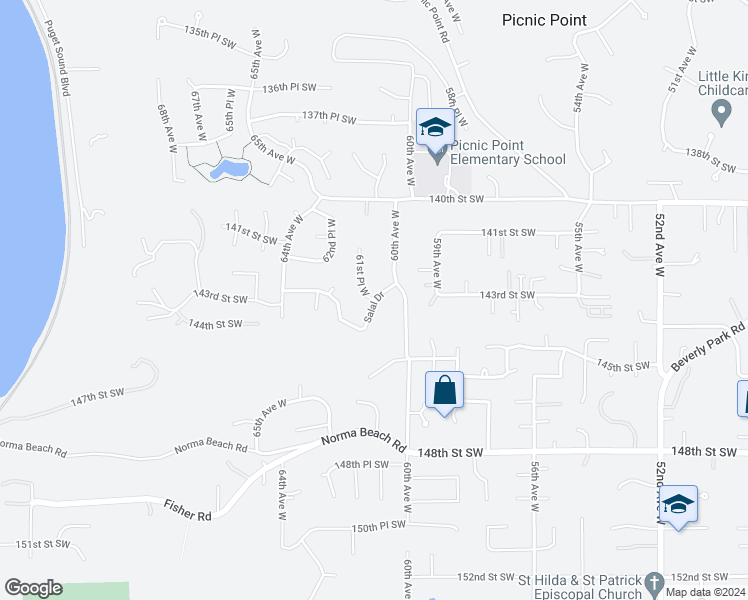 map of restaurants, bars, coffee shops, grocery stores, and more near 15407 61st Place West in Edmonds