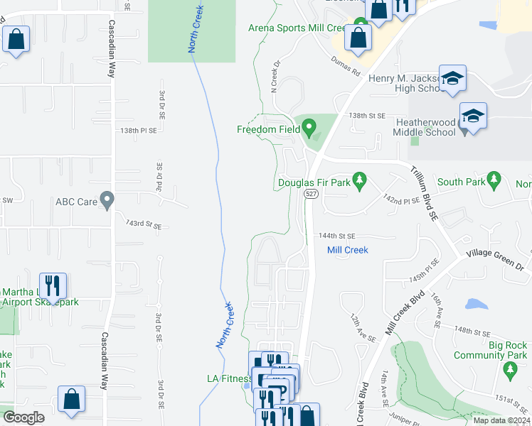 map of restaurants, bars, coffee shops, grocery stores, and more near 14420 North Creek Drive in Mill Creek