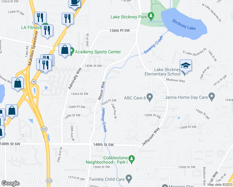 map of restaurants, bars, coffee shops, grocery stores, and more near 14218 24th Avenue West in Lynnwood