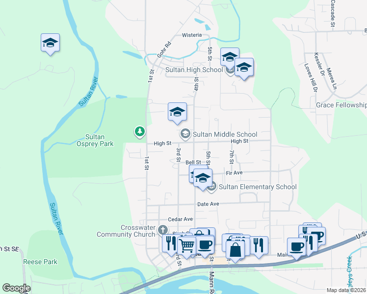 map of restaurants, bars, coffee shops, grocery stores, and more near 301 High Avenue in Sultan