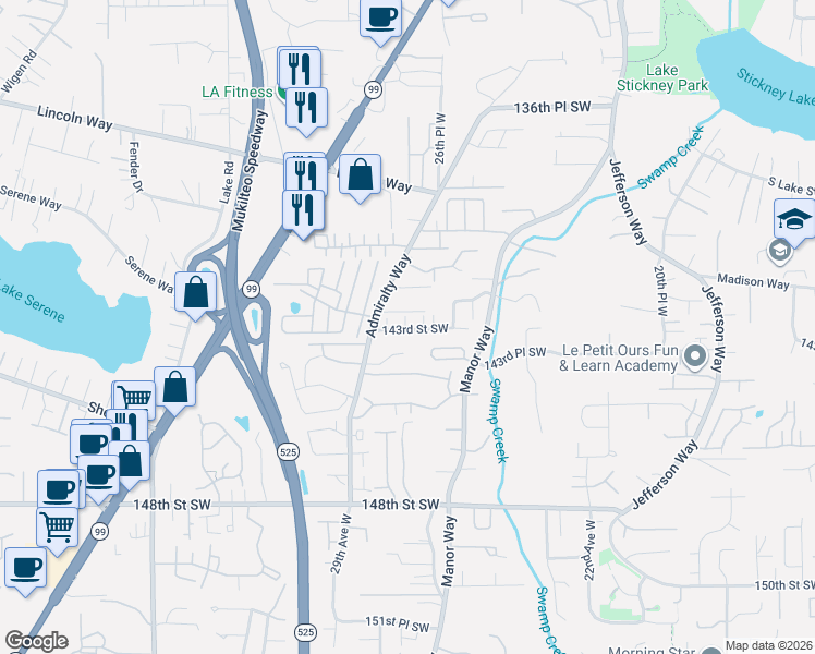 map of restaurants, bars, coffee shops, grocery stores, and more near 2733 143rd Street Southwest in Lynnwood