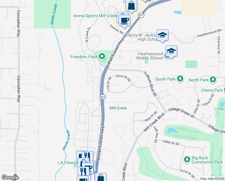 map of restaurants, bars, coffee shops, grocery stores, and more near 1123 142nd Place Southeast in Mill Creek