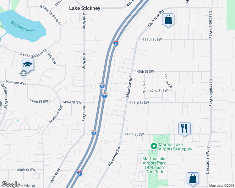 map of restaurants, bars, coffee shops, grocery stores, and more near 701 142nd Street Southwest in Lynnwood