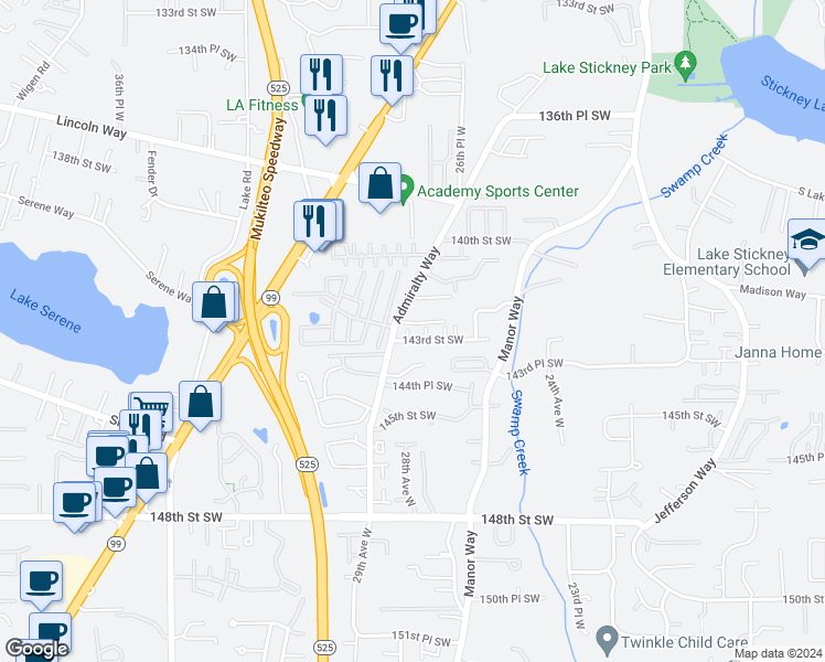 map of restaurants, bars, coffee shops, grocery stores, and more near 2733 143rd Street Southwest in Lynnwood