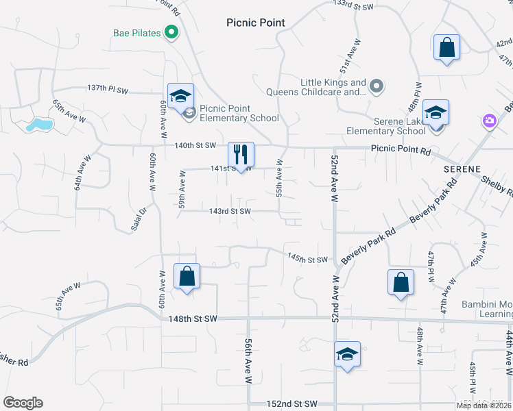 map of restaurants, bars, coffee shops, grocery stores, and more near 5515 143rd Street Southwest in Edmonds