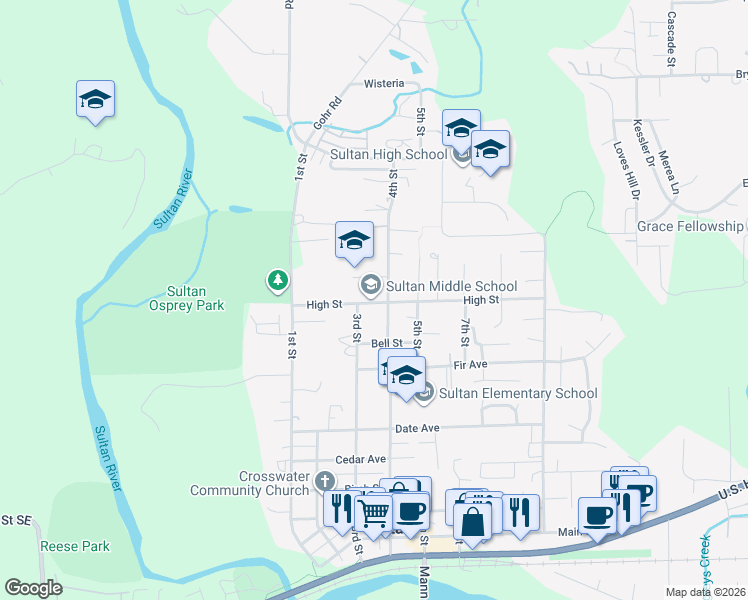 map of restaurants, bars, coffee shops, grocery stores, and more near 301 High Ave in Sultan