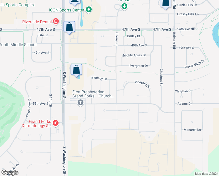 map of restaurants, bars, coffee shops, grocery stores, and more near Mac Drive in Grand Forks