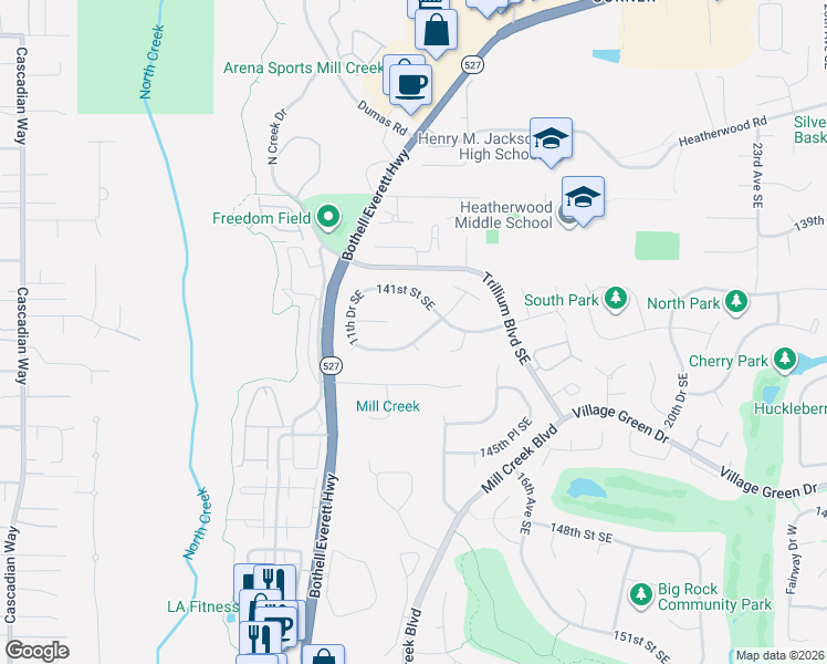 map of restaurants, bars, coffee shops, grocery stores, and more near 1321 142nd Place Southeast in Mill Creek