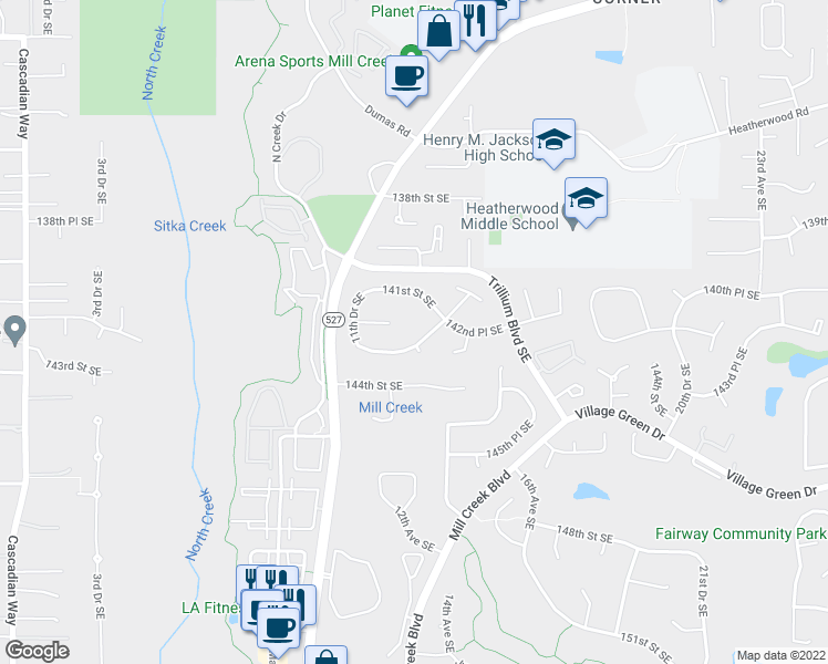 map of restaurants, bars, coffee shops, grocery stores, and more near 1321 142nd Place Southeast in Mill Creek