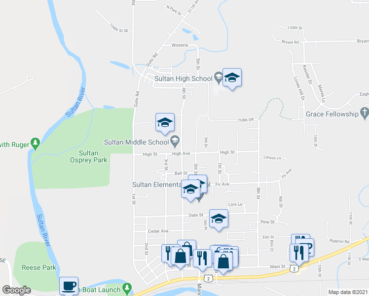 map of restaurants, bars, coffee shops, grocery stores, and more near 812 4th Street in Sultan