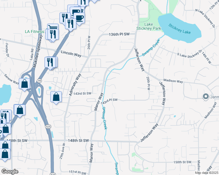 map of restaurants, bars, coffee shops, grocery stores, and more near 14218 24th Avenue West in Lynnwood
