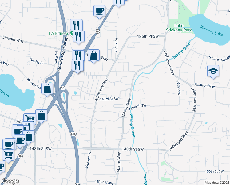 map of restaurants, bars, coffee shops, grocery stores, and more near 14213 Admiralty Way in Lynnwood
