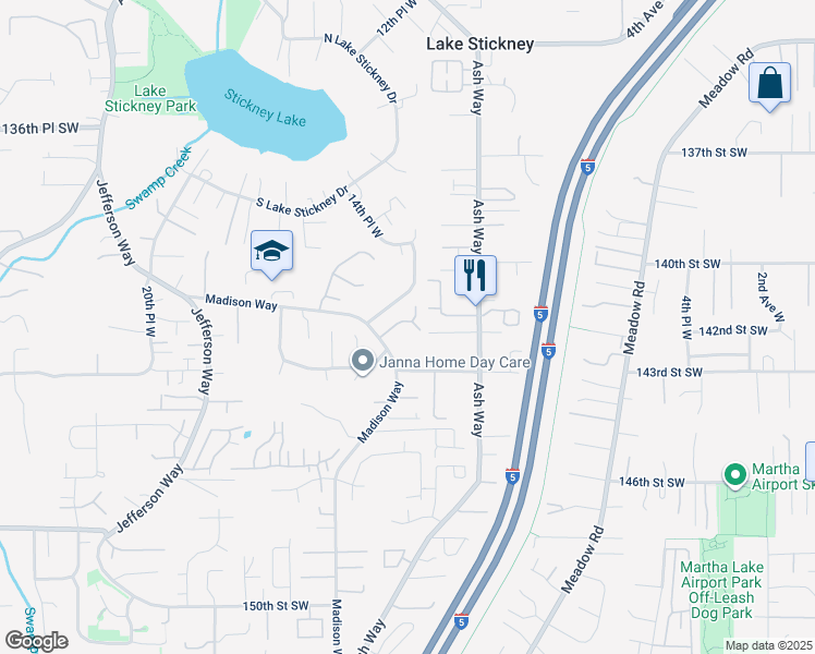 map of restaurants, bars, coffee shops, grocery stores, and more near 1224 142nd Street Southwest in Lynnwood