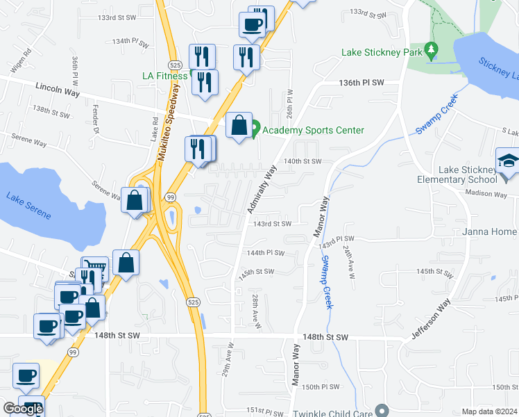 map of restaurants, bars, coffee shops, grocery stores, and more near 14203 Admiralty Way in Lynnwood