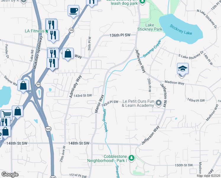 map of restaurants, bars, coffee shops, grocery stores, and more near 14218 24th Avenue West in Lynnwood