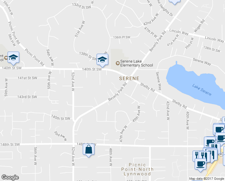 map of restaurants, bars, coffee shops, grocery stores, and more near 14206 Beverly Park Road in Edmonds