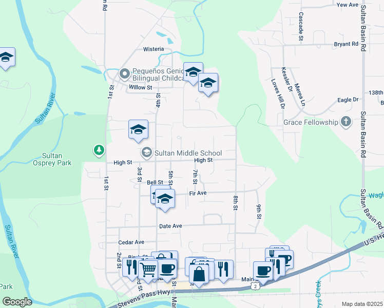 map of restaurants, bars, coffee shops, grocery stores, and more near 701 High Avenue in Sultan