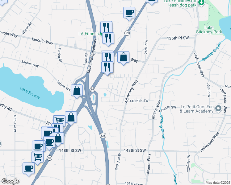 map of restaurants, bars, coffee shops, grocery stores, and more near 14322 Admiralty Way in Lynnwood
