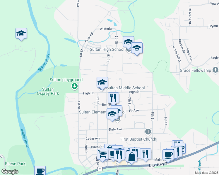 map of restaurants, bars, coffee shops, grocery stores, and more near 812 4th Street in Sultan