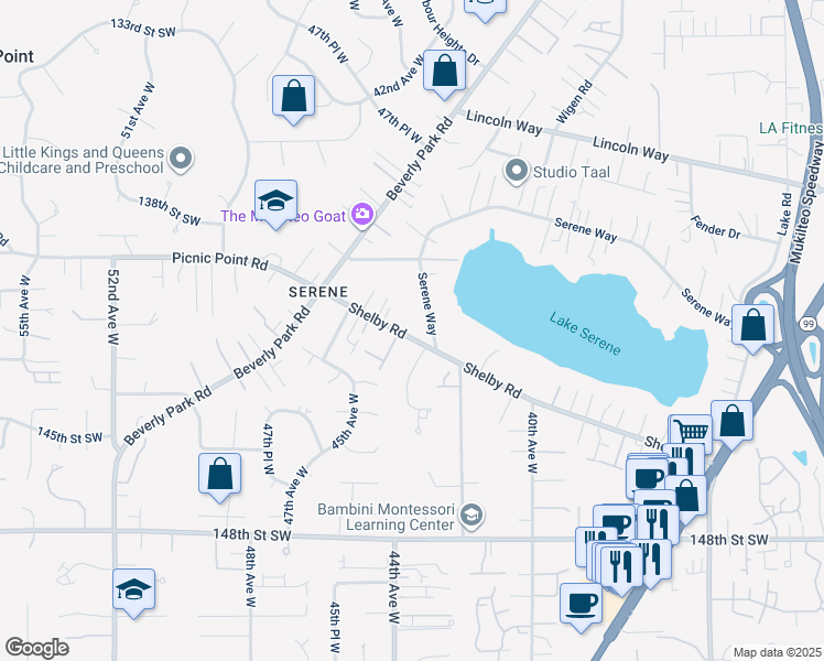 map of restaurants, bars, coffee shops, grocery stores, and more near 4315 Shelby Road in Lynnwood
