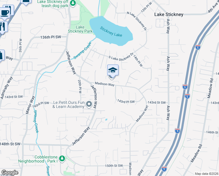map of restaurants, bars, coffee shops, grocery stores, and more near 1632 Madison Way in Lynnwood