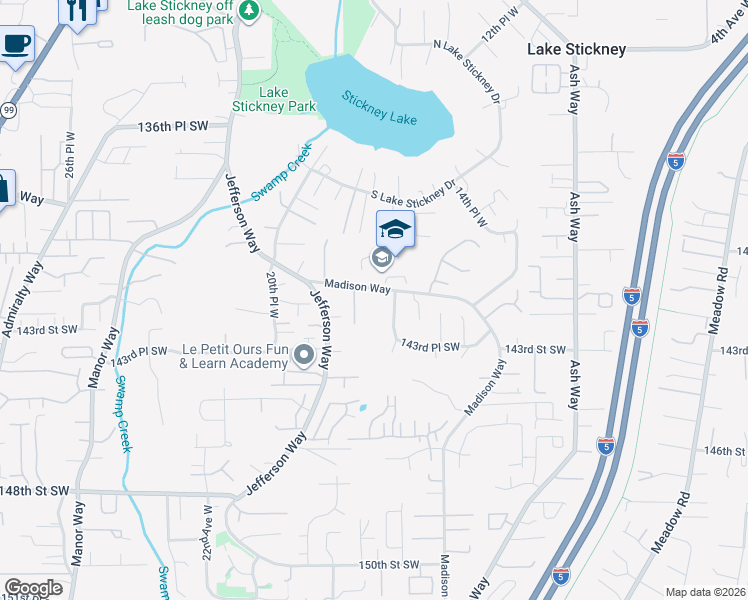 map of restaurants, bars, coffee shops, grocery stores, and more near 1632 Madison Way in Lynnwood