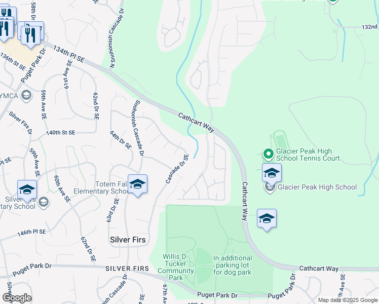 map of restaurants, bars, coffee shops, grocery stores, and more near 14001 Cascade Drive Southeast in Snohomish