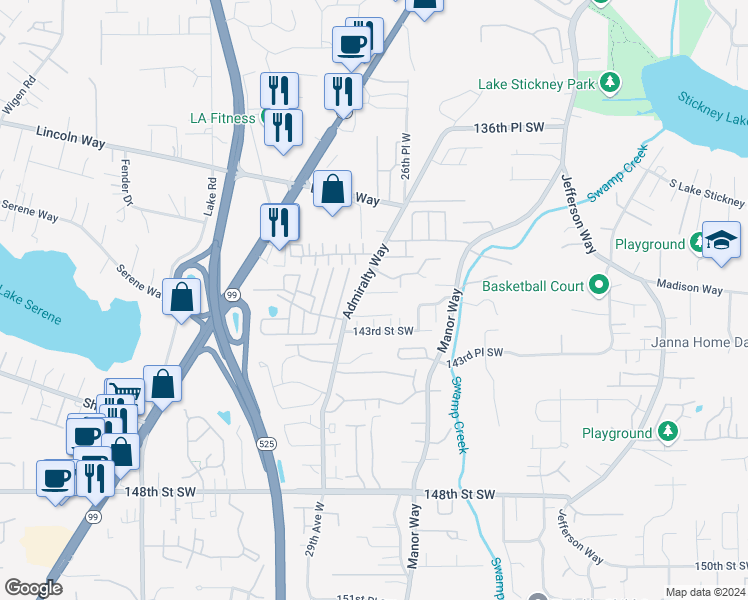 map of restaurants, bars, coffee shops, grocery stores, and more near 14203 Admiralty Way in Lynnwood