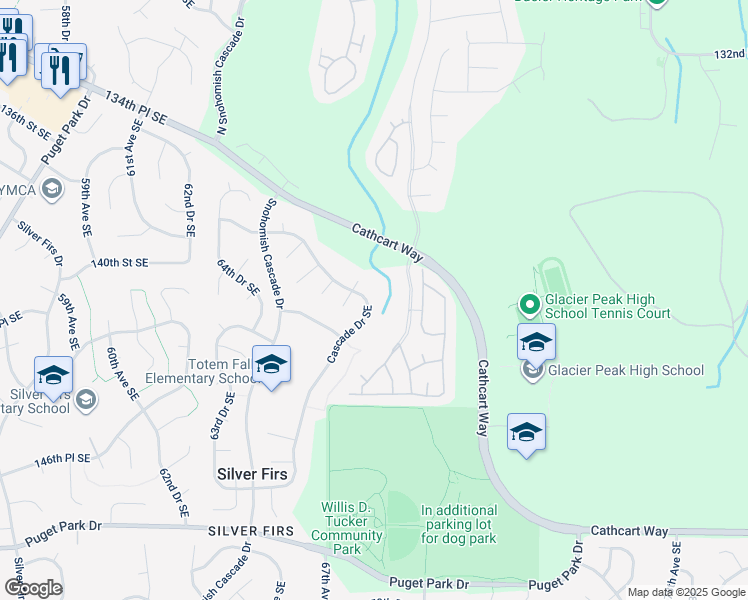 map of restaurants, bars, coffee shops, grocery stores, and more near 14001 Cascade Drive Southeast in Snohomish