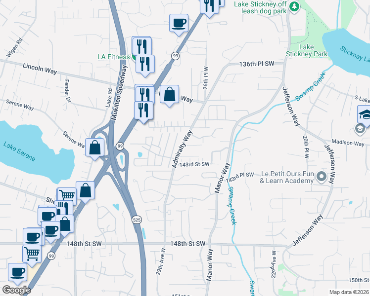 map of restaurants, bars, coffee shops, grocery stores, and more near 14203 Admiralty Way in Lynnwood