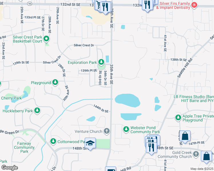 map of restaurants, bars, coffee shops, grocery stores, and more near 14031 34th Drive Southeast in Mill Creek