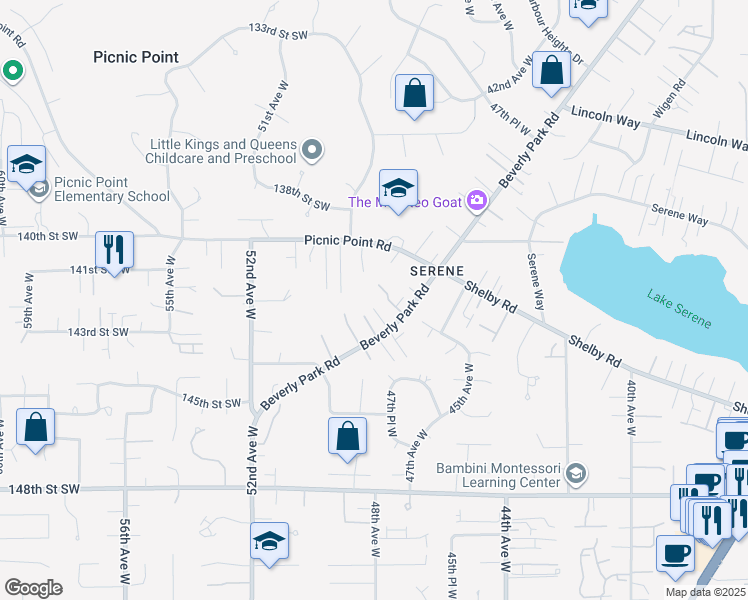map of restaurants, bars, coffee shops, grocery stores, and more near 14206 Beverly Park Road in Edmonds