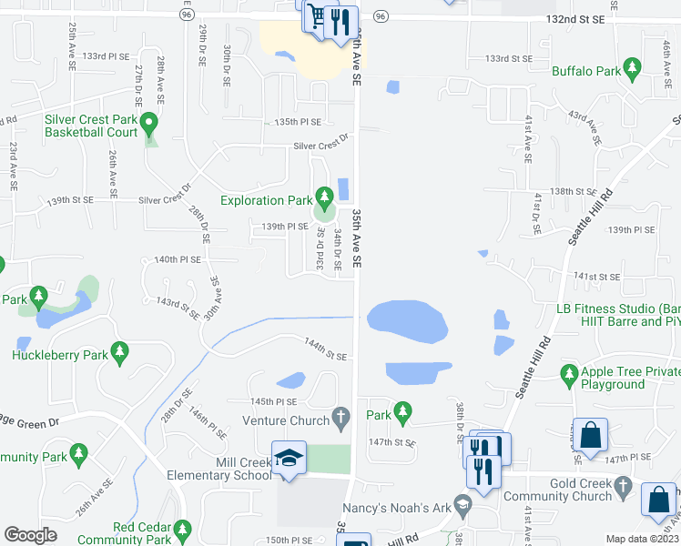 map of restaurants, bars, coffee shops, grocery stores, and more near 14031 34th Drive Southeast in Mill Creek