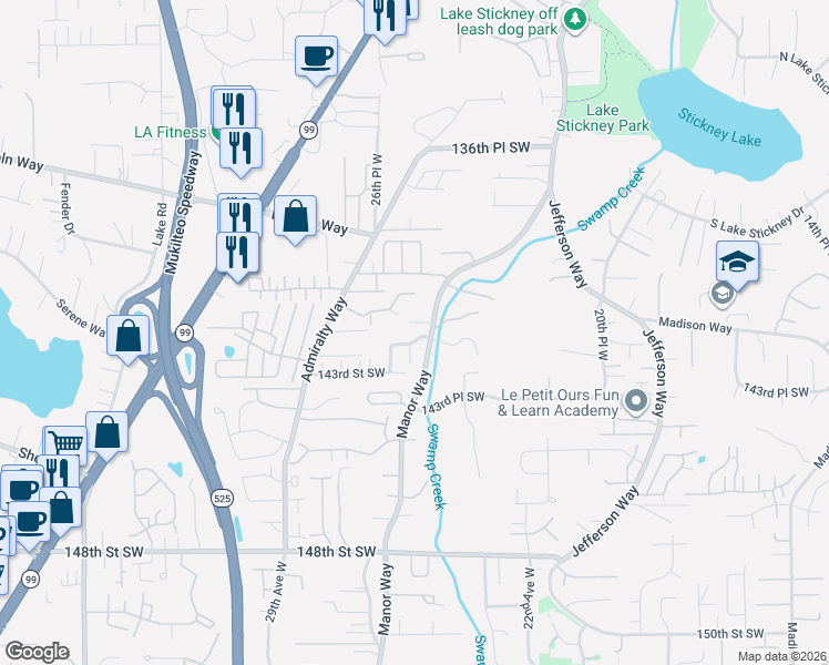 map of restaurants, bars, coffee shops, grocery stores, and more near 2515 141st Place Southwest in Lynnwood