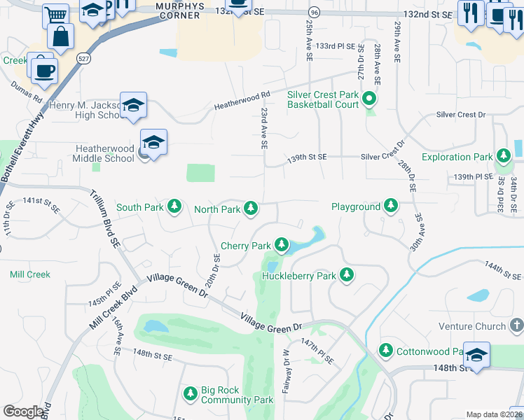map of restaurants, bars, coffee shops, grocery stores, and more near 2302 140th Place Southeast in Mill Creek